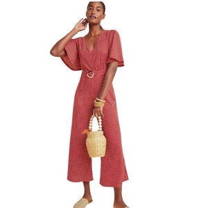 Anthropologie Etta twa Margaret Belted Jumpsuit Red White Checkered Size 12 Knit